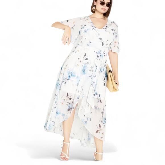 *NEW* CITY CHIC Shy Orchid Maxi Dress Front Wrap Floral Blue Ivory - Size 18 - Picture 1 of 8